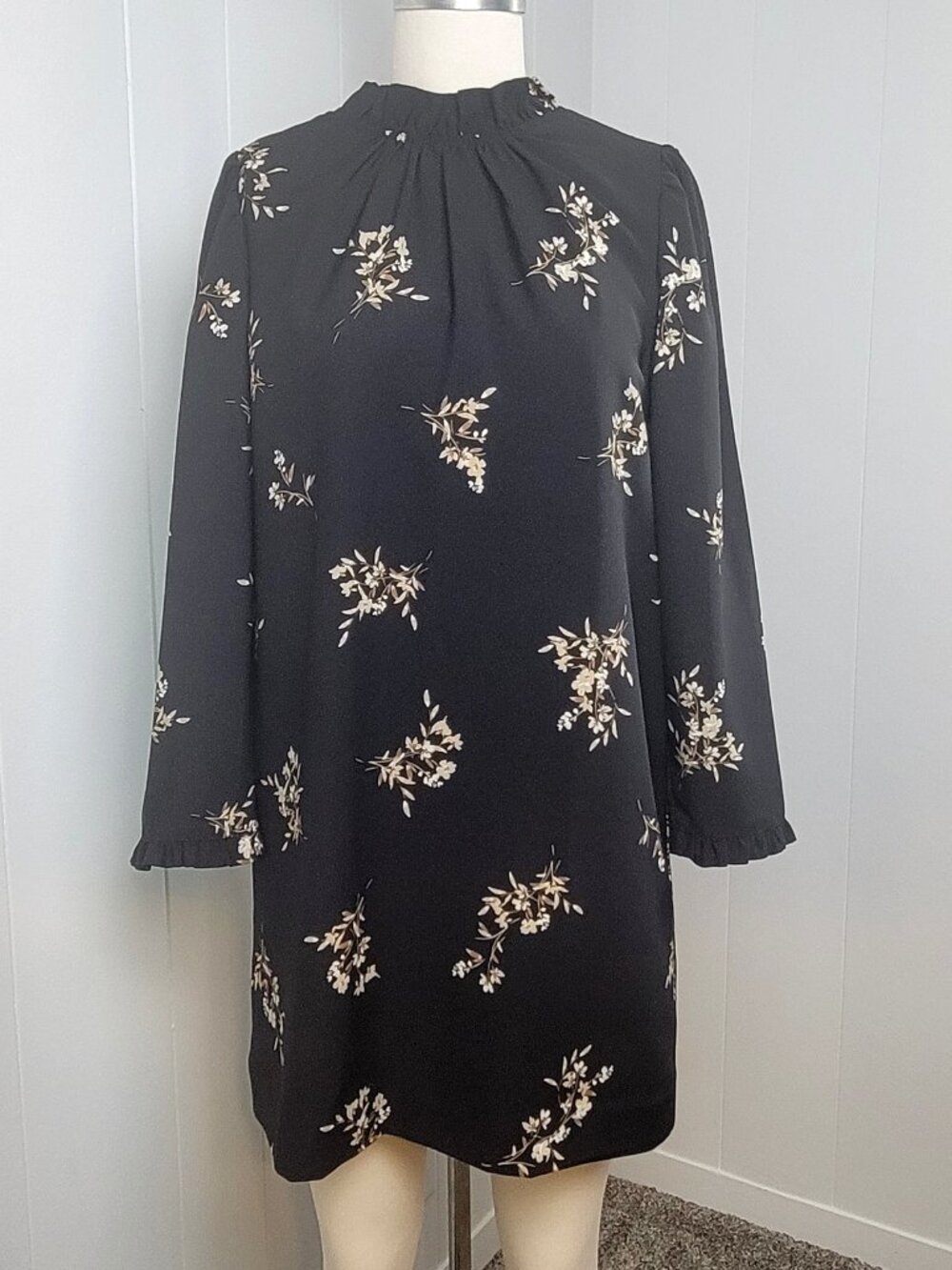 J.Crew Factory Black Floral High Neck Ruffle Shift Dress